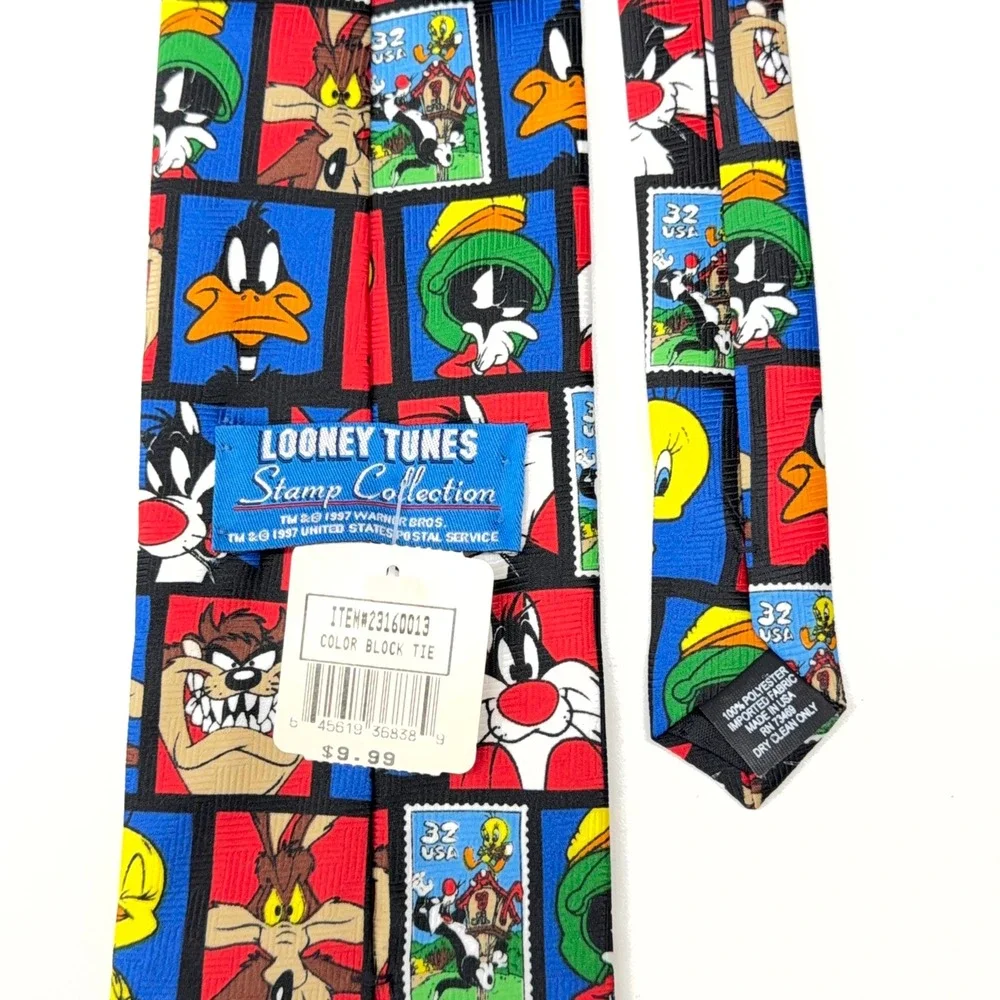 Vintage 1997 Looney Tunes Stamp Collection USPS Mens Tie Color Block Characters